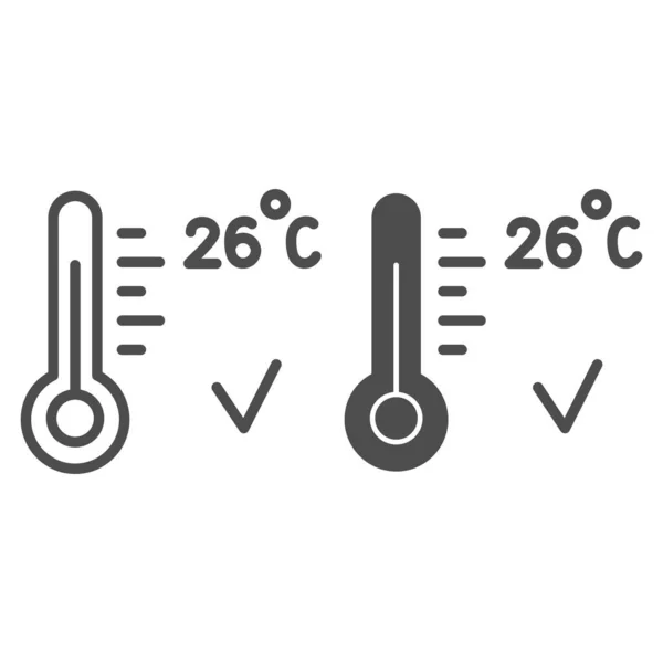 Houd de temperatuur van gezonde lucht thuis in coronavirus pandemische lijn en solide pictogram, covid-19 concept, thermometer met 26 graden teken op witte achtergrond, glazen bol met kwik pictogram in omtrek stijl. — Stockvector