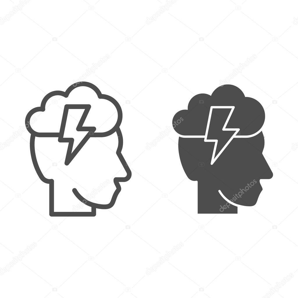 Head with lightning and cloud line and solid icon, brainstorming concept, creative thinking idea sign on white background, human brain with flash icon in outline style for mobile. Vector graphics.