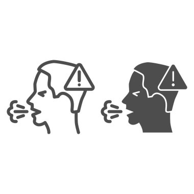 Hasta adam öksürüğü ve uyarı işareti çizgisi ve katı ikon, covid-19 yayılma konsepti, Coronavirus salgını belirtileri beyaz arka planda, dikkatli olun ve virüs yayma ikonunu, ana hat stilini engelleyin.