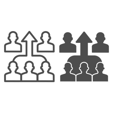 İnsan grubu ve yukarı doğru ok çizgisi ve katı ikon, iş tutarlılığı konsepti, güçlü takım arkadaşları beyaz arkaplanda imza atar, insanlar mobil ve internet için ana hatlar şeklinde ikon oluştururlar. Vektör grafikleri.