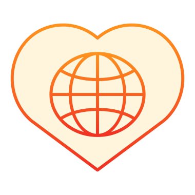 Kalp düzlüğü simgesinde küre. Düz moda kalp portakalı ikonlarına sahip gezegen. Ağ ve uygulama için tasarlanmış dünya gradyan stil tasarımı. Eps 10.