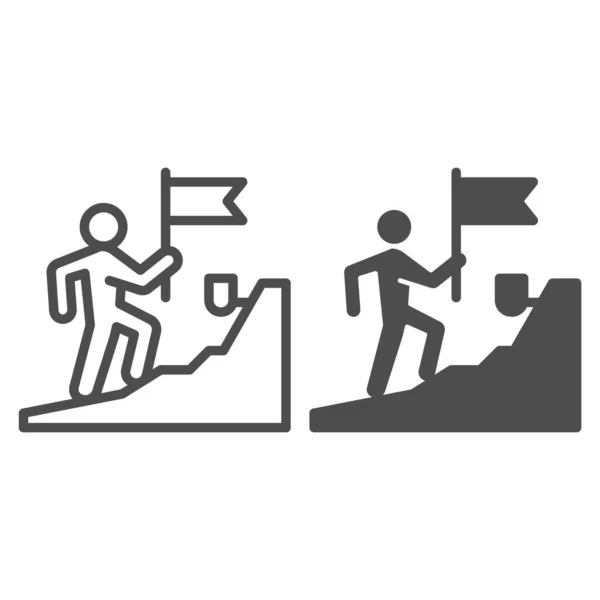 Man with flag climbing on top of mountain line and solid icon, business concept, get on peak of career vector sign on white background, Stairs and leader with flag icon in outline style. Vector. — Stock Vector
