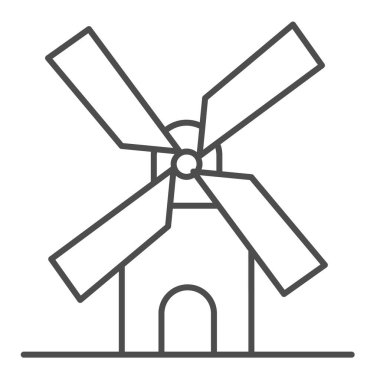 İnce çizgi ikonu, fırın konsepti, arka planda yel değirmeni tabelası, mobil konsept ve web tasarımı için ana hatlı buğday fabrikası ikonu. Vektör grafikleri.