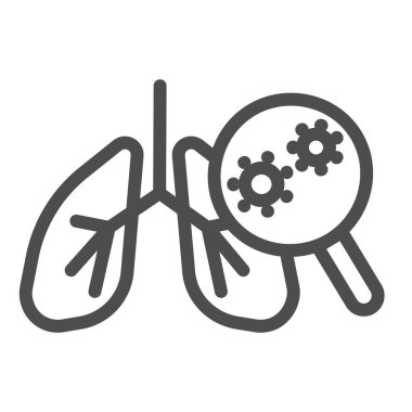 Virüs ve enfekte olmuş akciğer çizgisi ikonu, koronavirüs konsepti, insan solunum sisteminde pnömoni bakterisi beyaz arka planda işaret, büyüteçli akciğerler ve ana hatlarda virüs hücre simgesi.