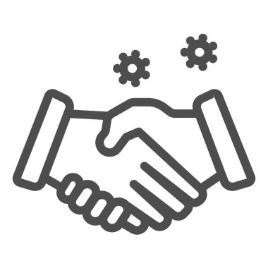 Tokalaşma ve virüs bulaşma çizgisi ikonu, koronavirüs salgını konsepti, el sıkışma işareti ile iletilen beyaz arka planda mobil ve web için taslak tarzı. Vektör grafikleri.