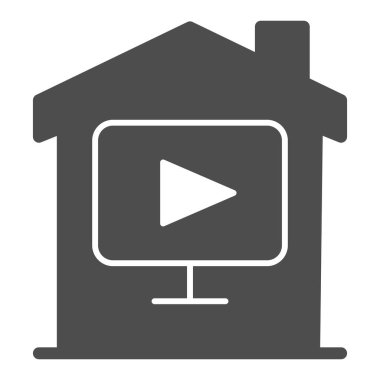 Ev tipi simgesi, akıllı ev konsepti, beyaz arka planda ev ve video vektör işareti, mobil ve web için ev ve medya çalma düğmesi olan çokluortam oynatıcısı. Vektör grafikleri.