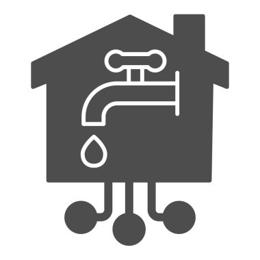 Bina simgesinde düşüş gösteren musluk, akıllı ev konsepti, beyaz arka planda bağlantı işareti olan akıllı su musluğu, mobil ve web için glifli ev tesisat ikonu. Vektör grafikleri.