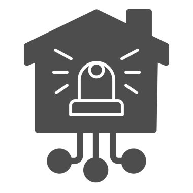 Evde otomatik tehlike alarmı, akıllı ev konsepti, beyaz arka plandaki bina tabelasında alarm lambası, Glyph tarzı mobil koruma ikonu altında ev, web. Vektör grafikleri.