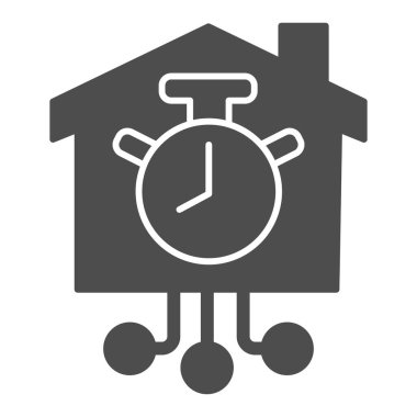 Ev ve bağlantıları sağlam ikon, akıllı ev konsepti, beyaz arka planda hızlı ev teknolojisi tabelası, mobil ve web tasarımı için ev zaman sembolü olan sttopwatch. Vektör.