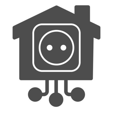 Akıllı ev katı ikonunda elektrik prizi, akıllı ev konsepti, beyaz arka planda teknoloji işareti, akıllı prize sahip bina ve mobil ve web için glifli bağlantı ikonu. Vektör.