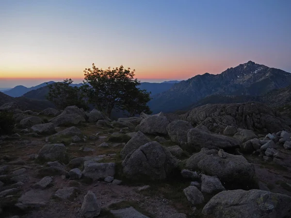 Rosa puesta de sol vista a la montaña con los puntos de nieve pico — Foto de Stock