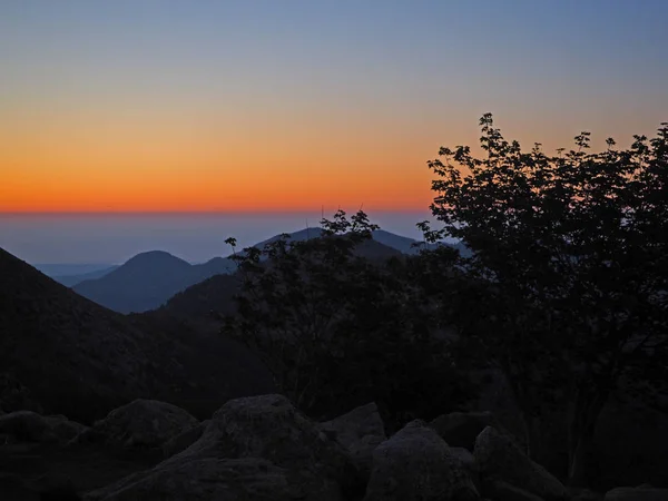 Темный вид на закат горы с деревом и красным горизонтом — стоковое фото