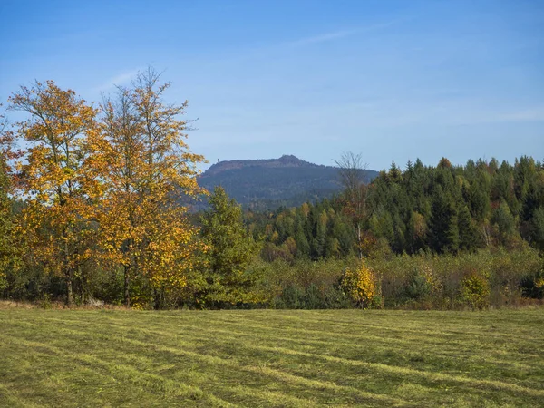 Prado con otoño colorido bosque y árboles y colinas con aspecto — Foto de Stock