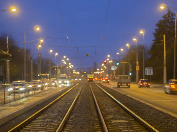 Colorful blurred street tramway line with traffic lights with de — Stock Photo, Image