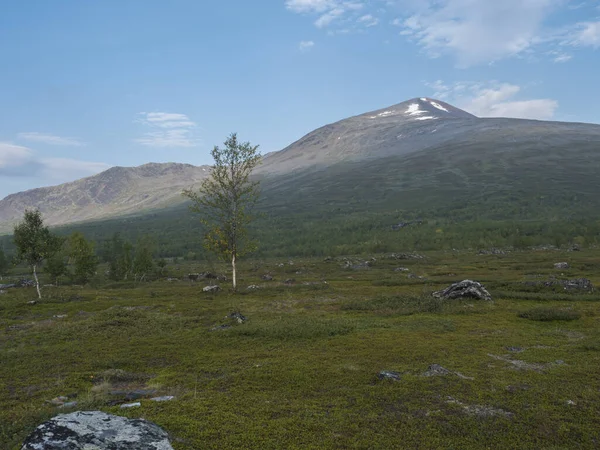 Montagne colorée Sanjartjakka avec cabane de montagne Kaitumjaure et beau paysage naturel sauvage de Laponie avec forêt de bouleaux. Fond bleu ciel — Photo