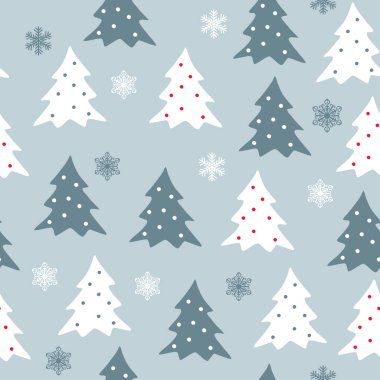 Beyaz ve gri renkli yılbaşı ağaçları ve kar taneleriyle kışın pürüzsüz bir desen. Ambalaj kağıdı, baskı, hatıra defteri, basit Eps10 vektörü karikatürü için grafik tasarım ögesi.