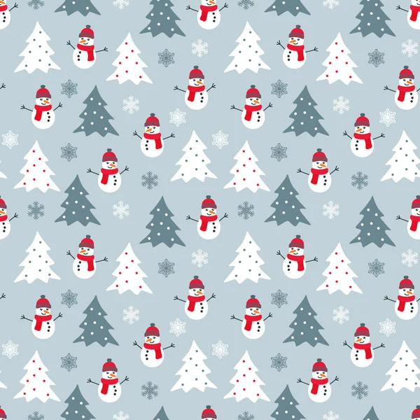 Winter seamless pattern with white, grey and red snowman, christmas trees and snowflakes. Graphic design element for wrapping paper, prints, scrapbooking, simple cartoon EPS10 vector. — Stock Vector