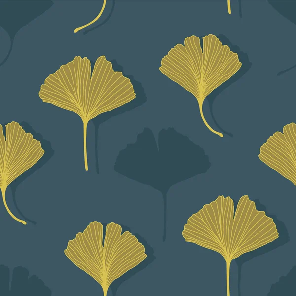 Florales, nahtloses Muster mit gelb goldenen Ginkgo-Biloba-Blättern auf dunkelblauem Hintergrund. endloser Hintergrund kann für Tapeten, Musterfüllungen, Textilien, Web-Seite Hintergrund, Oberfläche t verwendet werden — Stockvektor