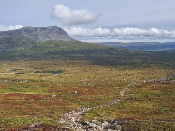 Belle nature sauvage du parc national de Sarek en Suède Laponie avec des sommets enneigés, rivière et lac, forêt de bouleaux et d'épinettes. Couleurs d'automne tôt, ciel bleu nuages blancs . — Photo