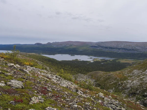 Vue sur le delta sinueux de la rivière dans la vallée de Rapadalen dans le parc national de Sarek, en Suède. Montagnes de Laponie, rochers et bouleaux. Couleurs du début de l'automne, ciel lunaire avec nuages . — Photo