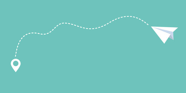 White paper airplane with dotted path trail and GPS fly direction isolated blue background. Flight end point travel destination. Aircrafts and map pointer vector illustration. Symbol for a tourist tri