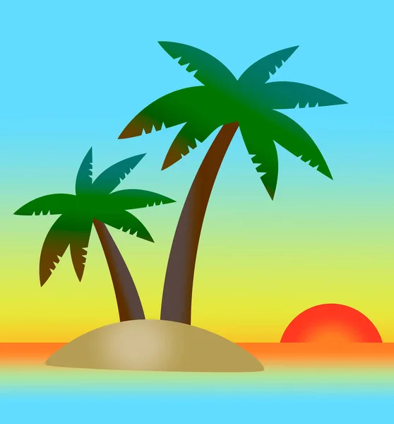 Tropikal adalar, palmiyeler, deniz ve gökyüzü ile renklendirilmiş basit günbatımı manzarası. Eps 10 Vektör illüstrasyonu — Stok Vektör