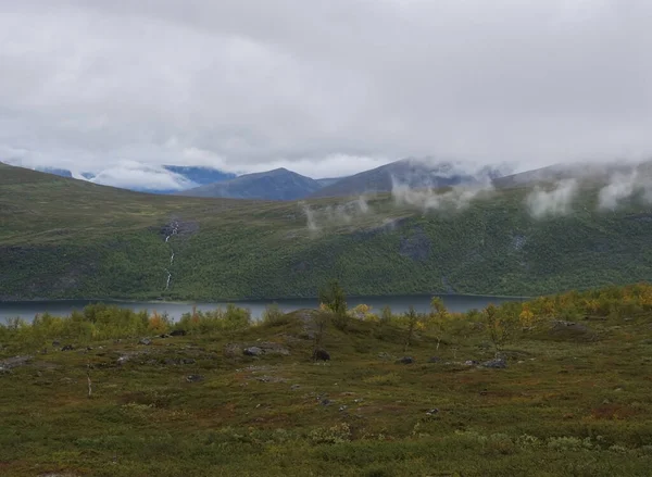 Λαπωνία φύση στο Kungsleden πεζοπορική διαδρομή με πράσινα βουνά, Teusajaure λίμνη, βράχους βράχους, φθινοπωρινούς χρωματιστούς θάμνους, σημύδα και υγείας στην ομίχλη και τα σύννεφα — Φωτογραφία Αρχείου