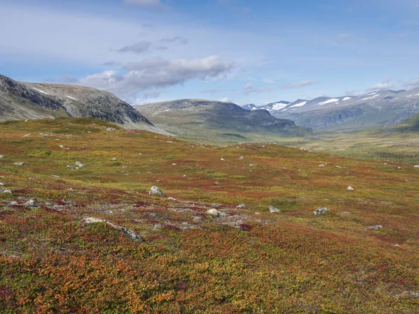 Prachtige wilde natuur van Sarek nationaal park in Zweden Lapland met besneeuwde bergtoppen, rivier en meer, berken en sparren boombos. Vroege herfst kleuren, blauwe lucht witte wolken. — Stockfoto