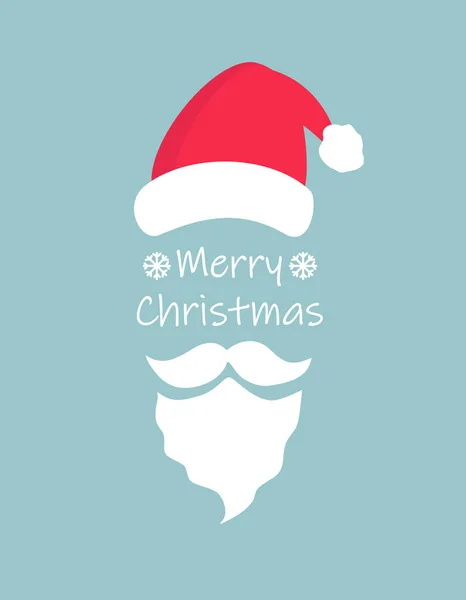 Wesołych Świąt typografia kartka z życzeniami świąteczny kapelusz i Santa Claus biała broda i wąsy na niebieskim tle. Prosty wektor płaski Eps10 ilustracja — Wektor stockowy