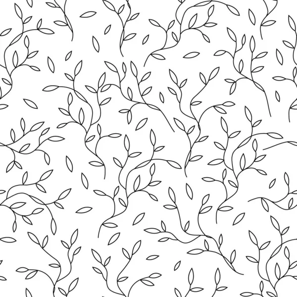 Dekorative nahtlose monochromatische Muster mit schwarzen Sprossen mit Blättern auf weißem Hintergrund. ideal für Stoff, Tapeten, Packpapier, Musterfüllungen, Textilien, Webseiten-Texturen. Vektor Folge 10 — Stockvektor