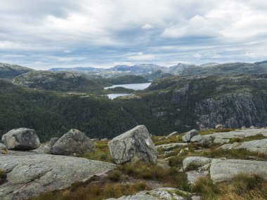 Kayalar, bluzlar, taşlar ve Lysefjord 'la Preikestolen devasa uçurumlarına yürüyüş yaparken manzarayı seyret. Norveç' in ünlü manzarası Moody, sonbahar günü. Doğa ve seyahat geçmişi, tatil ve yürüyüş tatili