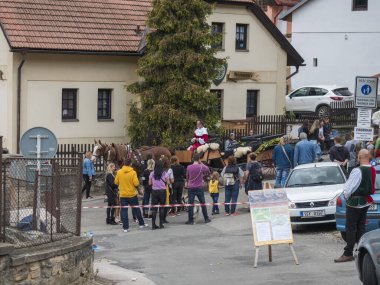 Karlstejn, Çek Cumhuriyeti, 28 Eylül 2019:: Karlstejn köyünde halk ve pazar tezgahları ile geleneksel üzüm toplama töreni,