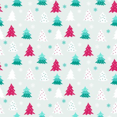 Beyaz yeşil ve mor renkli kışın pürüzsüz deseni çeşitli noel ağaçları ve kar taneleri. Ambalaj kağıdı, baskı, hatıra defteri, basit Eps10 vektörü karikatürü için grafik tasarım ögesi.