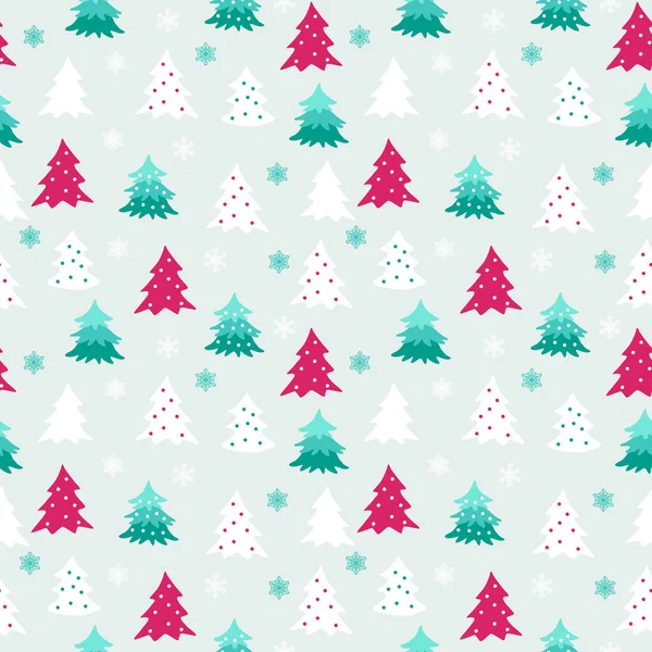 Winter nahtlose Muster mit weiß grünen und lila abwechslungsreichen Weihnachtsbäumen und Schneeflocken. Grafisches Gestaltungselement für Packpapier, Drucke, Scrapbooking, einfacher Cartoon-Vektor eps10. — Stockvektor