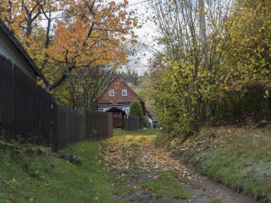 Luzicke Hory, Lusatian Dağları 'ndaki küçük bir köydeki eski kır evlerinin manzarasına bakın. Sonbahar renkli yaprak döken, kozalaklı ağaçlar ve yeşil tepeler, mavi gökyüzü beyaz bulutlar.