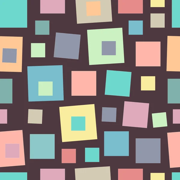 Геометрический бесшовный узор с разноцветными квадратными вставками в песочных цветах. Красочная винтажная мозаика, темный фон. Векторные эпс10 иллюстрация для ткани, обоев, оберточной бумаги или текста — стоковый вектор