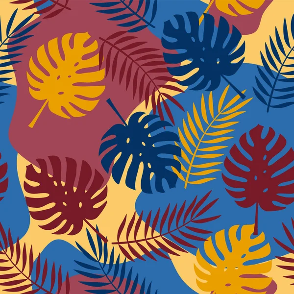 Яркий красочный бесшовный декоративный узор с желтыми, синими и фиолетовыми тропическими пальмовыми листьями, выделенными на красочном фоне. Векторный eps10 фон в плоском ретро или гавайском стиле . — стоковый вектор
