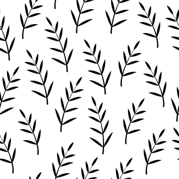 Patrón de follaje blanco y negro decorativo sin costuras. Elegantes ramas de textura vintage con hojas. Tempate para tela, papel pintado, fondos de escritorio, papel de envolver, paquete, cubiertas — Vector de stock