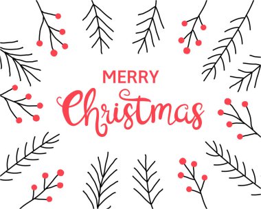 Mutlu Noeller Kaligrafi el yazısı, köknar ya da ladin dallarıyla süslenmiş ve kırmızı böğürtlen dallarıyla süslenmiş. Vektör tebrik kartı tasarımı, antika retro tarzı. Beyaz arkaplanda siyah ve kırmızı.