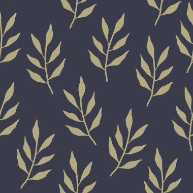 Kusursuz dallar dekoratif süs deseni. Gri arka planda altın yaprakları olan sonsuz zarif bir klasik doku. Kumaş, duvar kağıdı, arkaplan, ambalaj kağıdı, paket, kapak