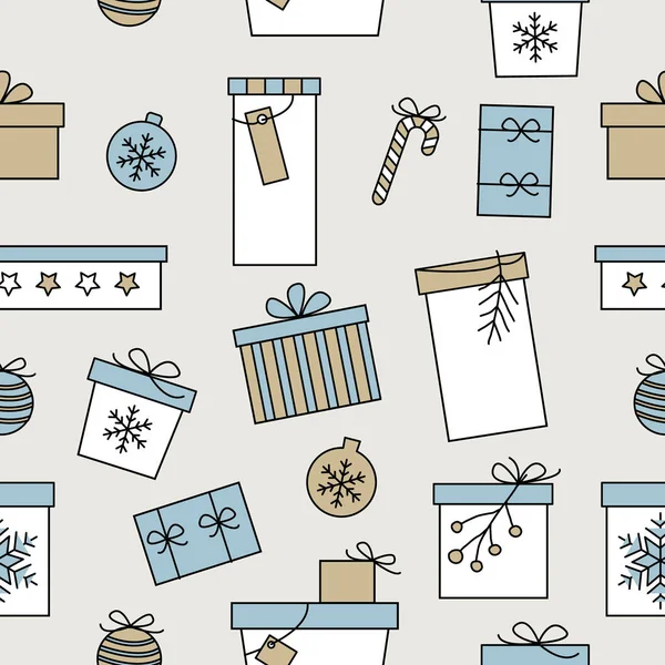 Modèle sans couture de Noël avec dessiné à la main diverses boîtes-cadeaux décorées en bleu blanc et beige sur fond clair. Design vintage rétro pour papier d'emballage, impressions, scrapbooking, vecteur EPS10 . — Image vectorielle