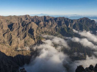 Landscape in the volcanic crater Caldera de Taburiente Natoional Park seen from mountain peak of Roque de los Muchachos Viewpoint, island La Palma, Canary Islands, Spain