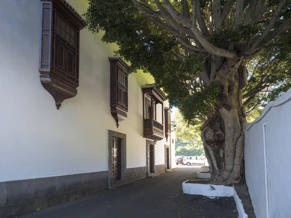 Antiguo balcón tradicional de madera sobre edificio blanco de la iglesia Santuario de Nuestra Señora de las Nieves con antiguo Ficus. La Palma, Islas Canarias, España — Foto de Stock