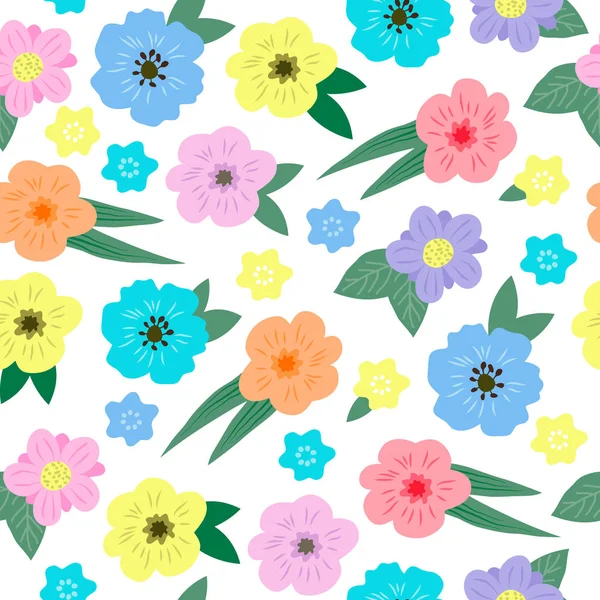 Nahtlose florale Muster mit von Hand gezeichneten verschiedenen bunten Frühlingsblumen Pastellfarben mit grünen Blättern auf weißem Hintergrund. Vintage-Retro-Stil. Vektor eps10. — Stockvektor
