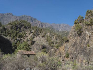 Barranco de las Angustias Kanyonu 'nun eteklerindeki eski taş ev Caldera de Taburiente, La Palma, Kanarya Adaları, İspanya
