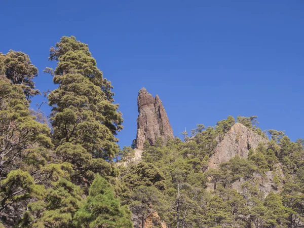 Vista sobre Roque Idafe, formação rochosa na ravina do desfiladeiro Barranco de las Angustias na trilha de caminhada Caldera de Taburiente, La Palma, Ilhas Canárias, Espanha — Fotografia de Stock