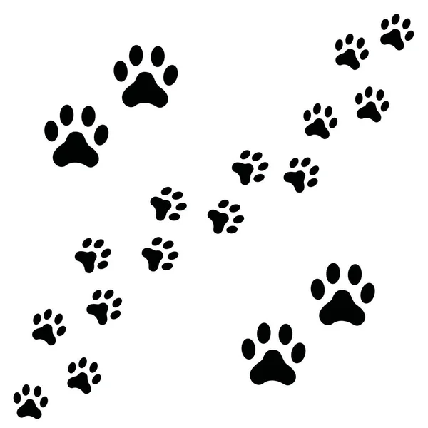 Sendero Negro rastro de huellas de perro caminando al azar. Huellas de animales, patas de perro o gato estampadas aisladas sobre fondo blanco. Ilustración vectorial de la silueta de huella . — Vector de stock