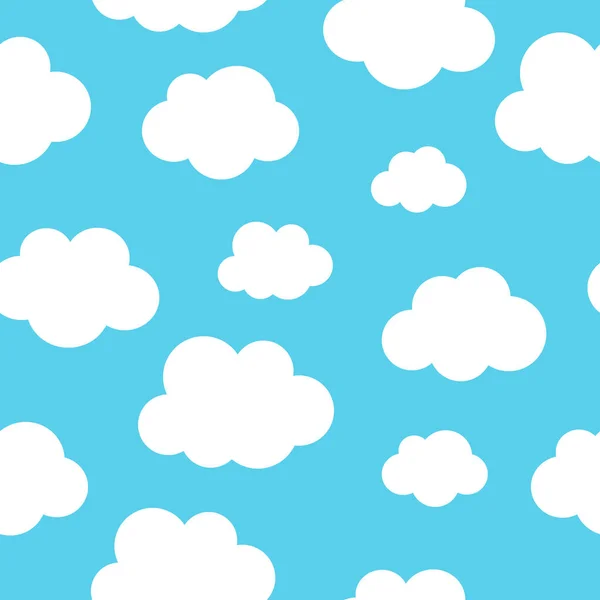 Blanco nubes de dibujos animados esponjosas patrón sin costuras sobre fondo de cielo azul claro. Vector EPS 10 ilustración para niños tela o telón de fondo . — Vector de stock