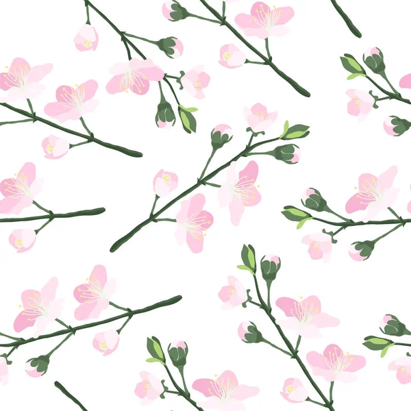Dekoratives, nahtloses Muster mit handgezeichneten Kirschblüten-Sakura-Zweigen. Frühling natürliche Textur mit Kirschbaum blühenden japanischen Blume isoliert auf weißem Hintergrund. Vektor eps10 Abbildung — Stockvektor