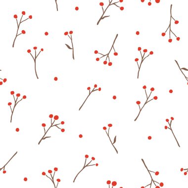 Beyaz arka planda izole edilmiş kırmızı böğürtlenli Rowan ağaç dalları ile kusursuz mevsimsel desen, eski usul. Kumaş tekstil, duvar kağıdı, ambalaj kağıdı, paket, kaplamalar için vektör EPS10 tasarımı.